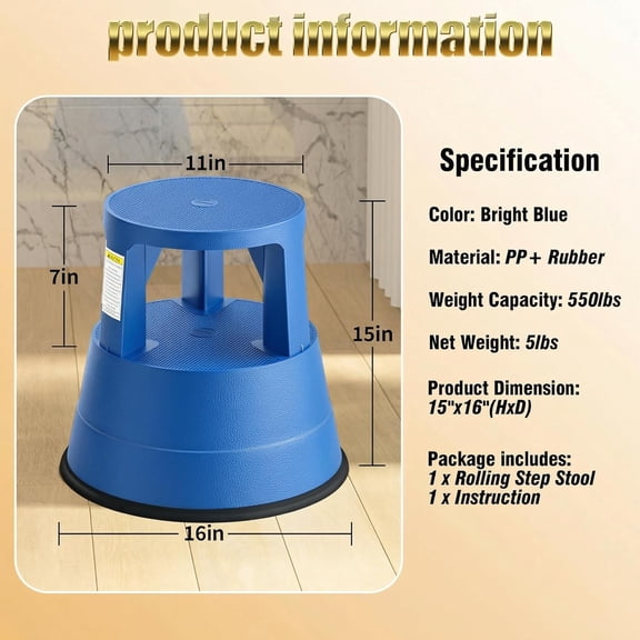 Upgraded Rolling Step Stool with Wheels,550LBS Capacity,Non-Slip Platform&Retractable Casters,Heavy-Duty Round Kick Stool for Library,Kitchen, Office, Garage,Portable for Adults/Seniors/Kids (Blue)