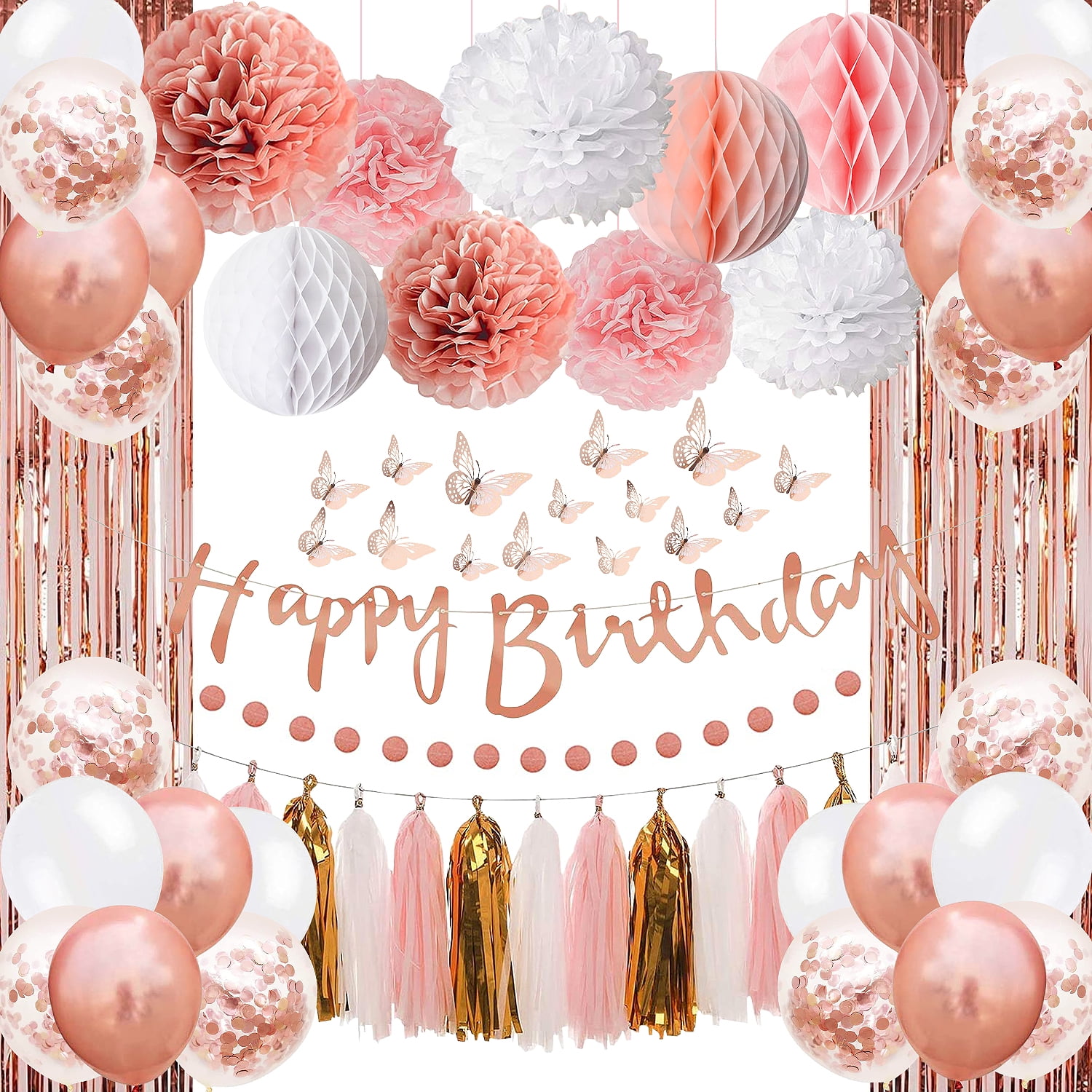 Rose Gold and White Birthday Party Decoration Set with Balloons and Tassels