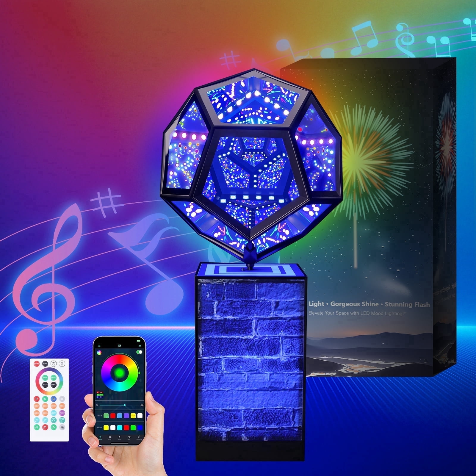 Upgraded Rotatable Infinity Mirror Light Cool LED Changing Night Light Dodecahedron Lights with Music Sync Function for USB Power Supply for Computer Game Table Birthday Gift