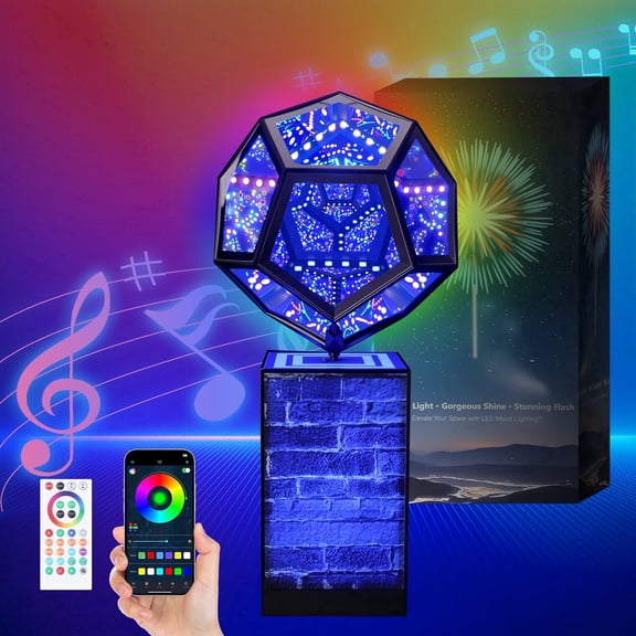 Upgraded Rotatable Infinity Mirror Light Cool LED Changing Night Light Dodecahedron Lights with Music Sync Function for USB Power Supply for Computer Game Table Birthday Gift