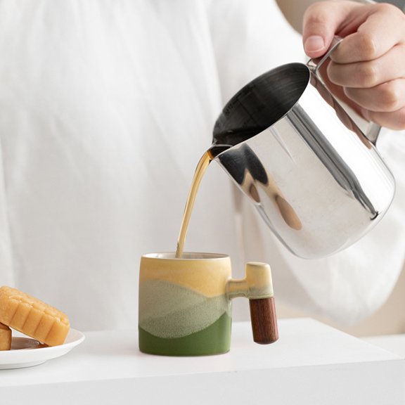 Upgraded Rough Pottery Mini Cute Small Tea Cup Wooden Grip Handle Coffee Cup Exquisite Fresh Small Cup And Sea Theme Gradient Wooden Handle Mug Z