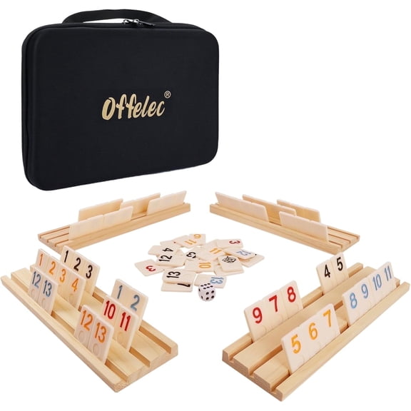 Rummy Cube Game Set with 106 Large Number Tiles, 4 Wooden Racks, for 2-4 Players