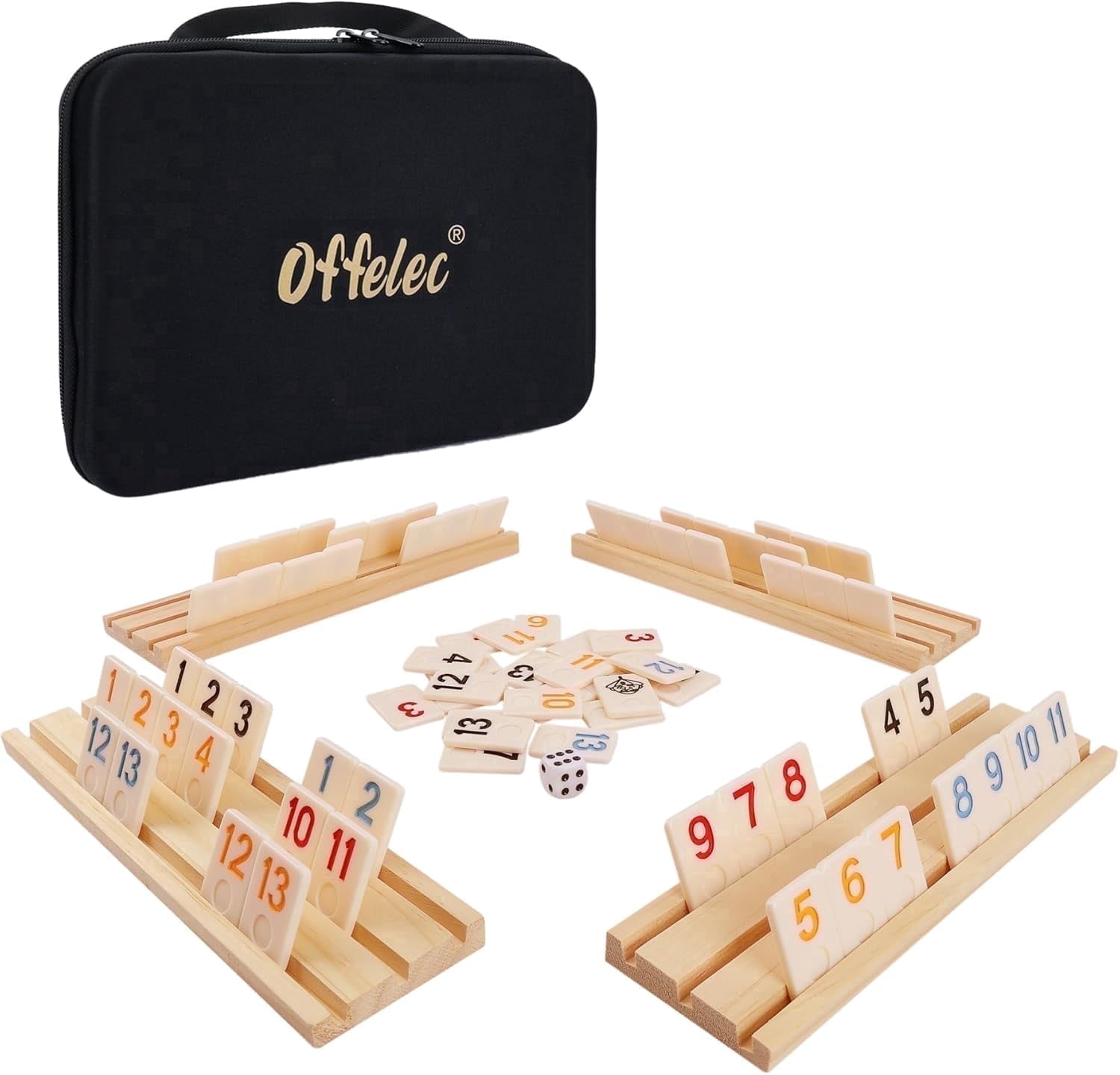 Fugocen, Rummy Cube Game Set, 106 Large Number Tiles, 4 Wooden Racks ...