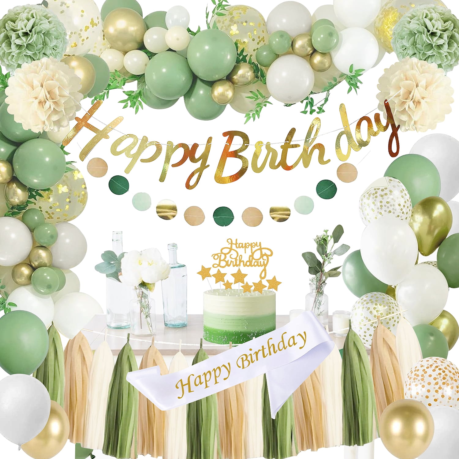 Upgraded Sage Green Birthday Party Decorations for Girls Women with Happy birthday Sash,Banner,Tissue Pompoms,Circle Dots Garland,Paper Tassels Garland, cake topper for Her Birthday Decor