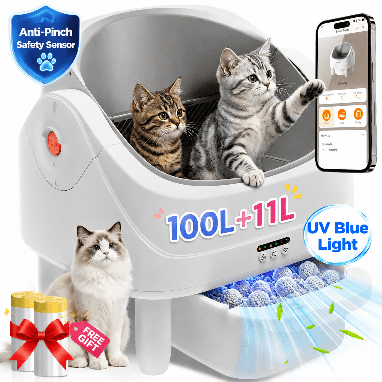 Upgraded Self Cleaning Cat Litter Box, Automatic Cat Litter Box Self Cleaning with App Control, 7 Sensor Safety Protection, Open Top Large Litter Box for Multiple Cats, UV Blue Light Odor Control