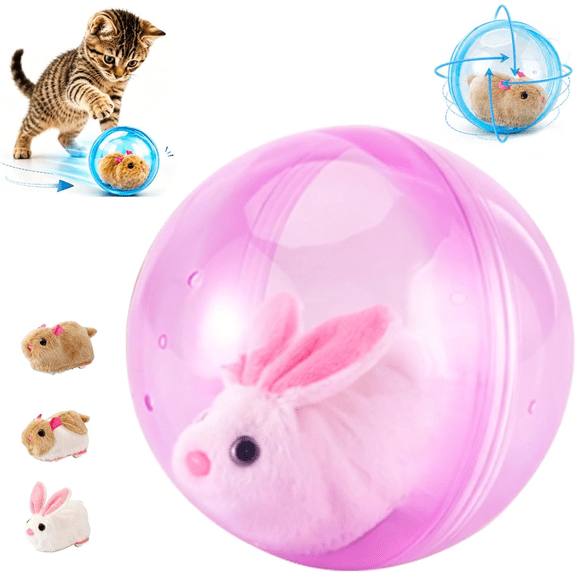 Upgraded Self-Rolling Interactive Cat Ball, Auto Steering Rolling Cat Toy Ball with Fluffy Plush Rabbit Hamster Portable Indoor Chase Toy for Cats & Puppies-Pink Rabbit-A