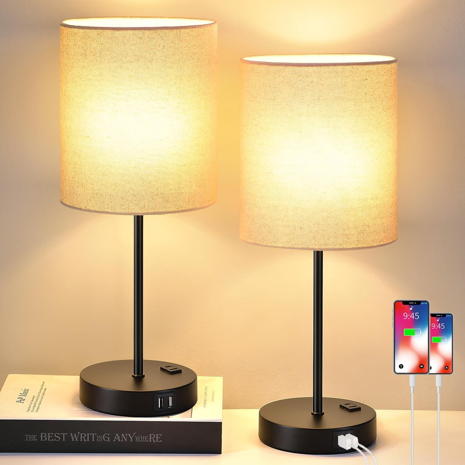 UpgradedSet of 2 Touch Beige Table Lamps with 2 USB Ports & AC Outlet, 3-Way Dimmable Bedside Nightstand Lamps for Living Room Nursery Office Bedroom, 800 Lumens 2700K Warm Bulbs Included