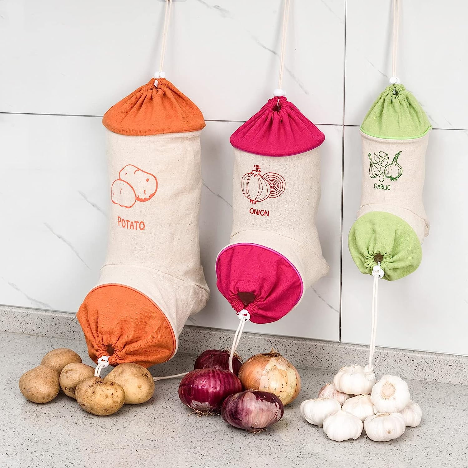Upgraded Set of 3 Reusable Hanging Vegetable Storage and Dispenser Bags
