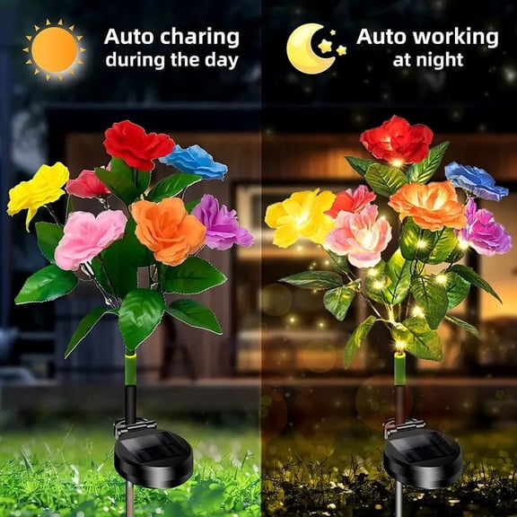 Upgraded Seven-Head Rose Solar Garden Stake Light With Ip44 Waterproof Rating, Solar Panel Design, Warm Ambient Lamp for Courtyard Lawn, Backyard Pathway/Outdoor Night Landscape Decoration, Colorful