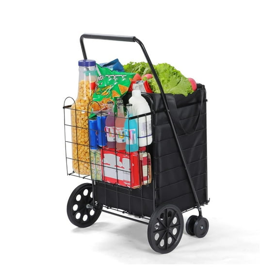 Upgraded Shopping Cart with 360° Swivel Wheels and Basket Liner for Shopping, Laundry, Home, Outdoor - Extra Large Heavy Duty Utility Cart - Foldable & Lightweight - Black