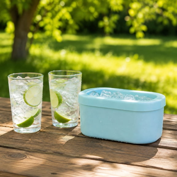 Upgraded Silicone Ice Maker Bucket, Large Capacity Portable Ice Mold, Space Saving Freezer Cubes Container, Reusable Beverage Chiller for Cocktails, Blue