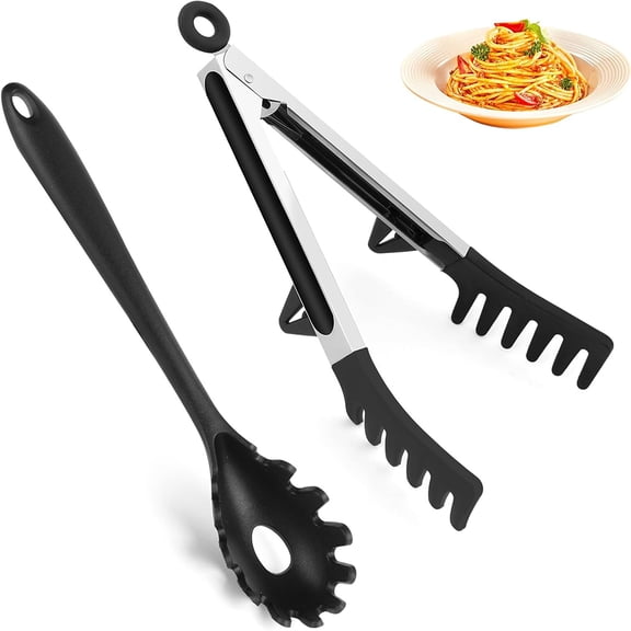 Upgraded Silicone Spaghetti Spoon and Pasta Tong Set  Sturdy Pasta Fork with Teeth, Noodle Spoon Server, and Multi-Purpose Tongs for Cooking and Serving