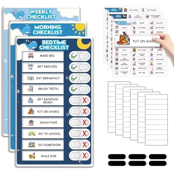 Upgraded Slider 3 in 1 Bedtime/Morning/Weekly Routine Chart for Kids, Magnetic Chore Chart for Kids with 99 Stickers, Cute Visual Schedule for Kid