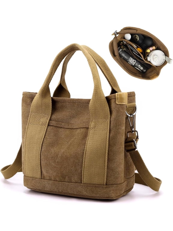 Upgraded Small Canvas Tote Bag with Zippered Compartment Pocket for Women, Mini Cute Satchel Hobo Crossbody Handbag