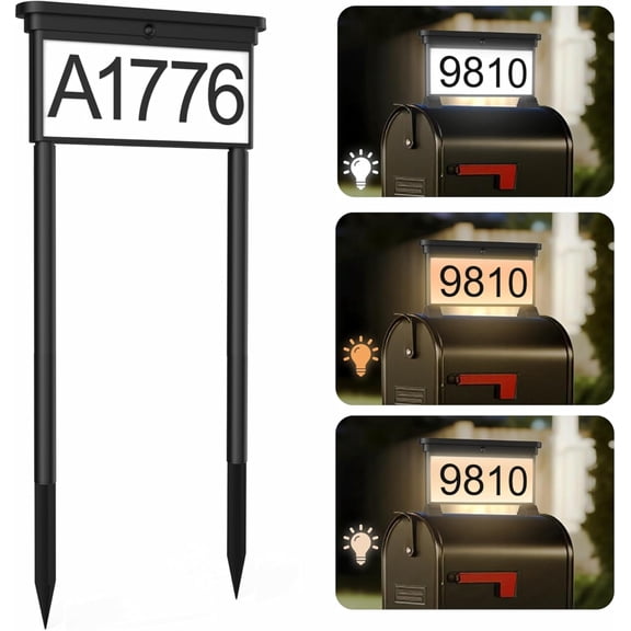 Upgraded Solar Address Sign,Double Sided Glow House Numbers with Auto /Off, 3-Color Lighting Modes Mailbox Number Plaque , Stakes for Yard Driveway