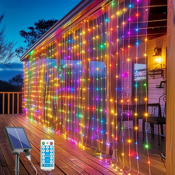 Upgraded Solar Curtain Lights 300 LED Waterfall String Lights 8 Modes Remote Control USB Rechargeable Dimmable Timer Twinkle Fairy Lights For Outdoor Christmas Gazebo Party Wedding Window Decor