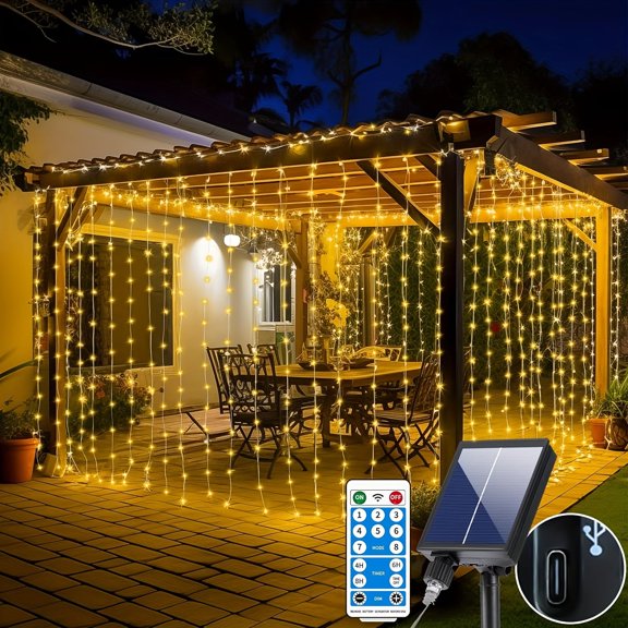 Upgraded Solar Curtain Lights, 300 LED Waterfall String Lights, 8 Modes, Remote, USB Rechargeable, Dimmable Timer for Outdoor Christmas, Party, Window Decor