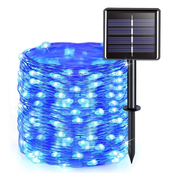 QiShi Upgraded Solar String Lights Outdoor, Mini 33Feet 100 LED Copper Wire Lights, Solar Powered Fairy Lights, Waterproof Solar Decoration Lights for Garden Yard Party Wedding Christmas(Blue)-1Pack