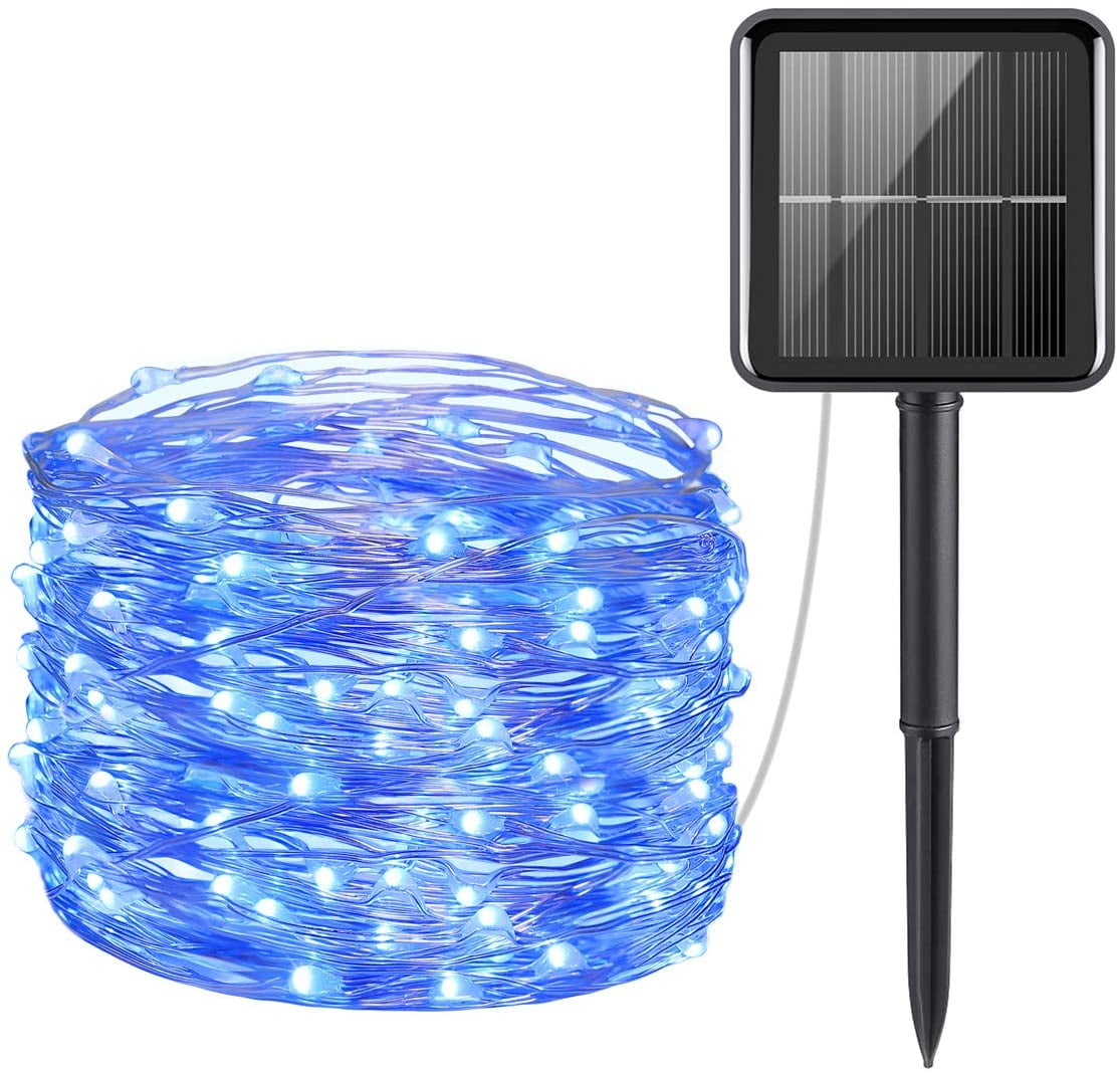 Upgraded Solar String Lights Outdoor, Mini 33Feet 100 LED Copper Wire Lights, Solar Powered Fairy Lights, Waterproof Solar Decoration Lights for Garden Yard Party Wedding Christmas (Blue)