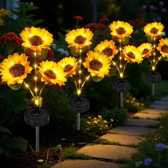 Upgraded Solar Sunflower Lights, 4-Pack Solar Garden Lights with Bigger Round Panel, 40-Hour Runtime for Indoor & Outdoor Decor, Waterproof for Patio Yard Garden