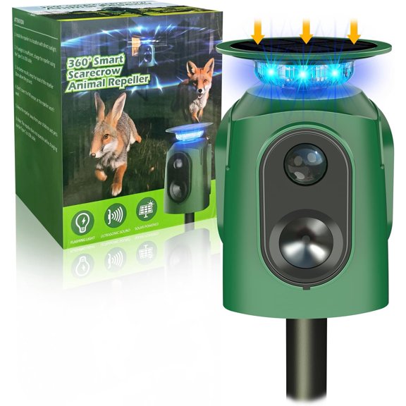 Upgraded Solar Ultrasonic Animal Repellent,360 Cat Repellent Outdoor with Motion Sensor,IP65 Waterproof Dog Repeller with Flash Light to Drive Away Rabbit Deer Squirrel Skunk for Yard Garden Lawn