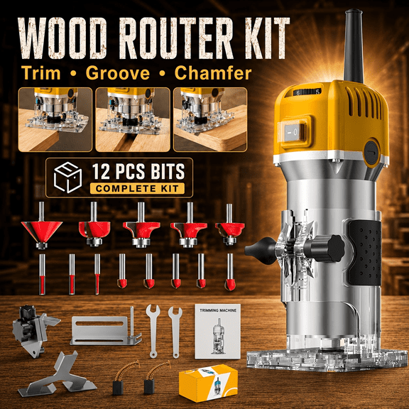 Upgraded Speed Control Wood Trimmer with Multiple Router Bits, Electric Handheld Milling Machine for Carving and Trimming