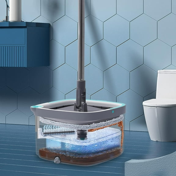 Upgraded Spin Mop and Bucket with Separate Compartments for Clean and Dirty Water New 2025 Version w/Side Brush and Self Standing Handle, Smart Square Mop w/ 2 Machine Washable Microfiber Pads, Gray