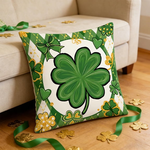 Upgraded St. Patrick's Day Green Four-leaf Themed Decorative Throw Pillow Cushion U