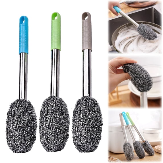 Upgraded Stainless Steel Wool Scrubber Sponge with Long Handle Sponge Scrubbing Scouring Ball Spring Pot & Pan Wool Scrubber for Kitchen & Bathroom Cleaning(Random 1Pcs)