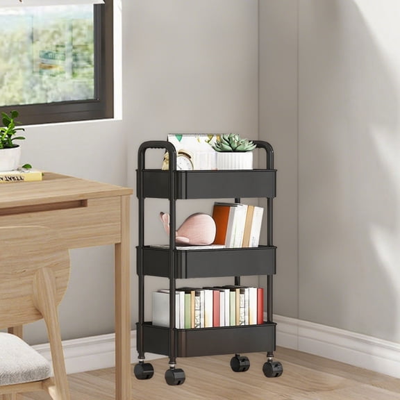 Upgraded Storage Cart – Kitchen 3-Tier Utility Trolley with Handle, Wheels & Hooks, Black (B) Home Storage and Organization