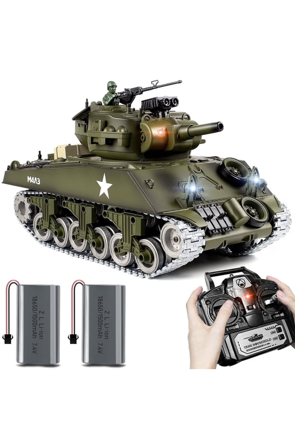 Upgraded Supdex 1:18 Metal US M4A3 Sherman RC Tank 330 Rotating Turret, Smoke, Light & Sound Effects, Rechargeable, Climbing 40 Ramp, Great Gift for Kids Ages 6+