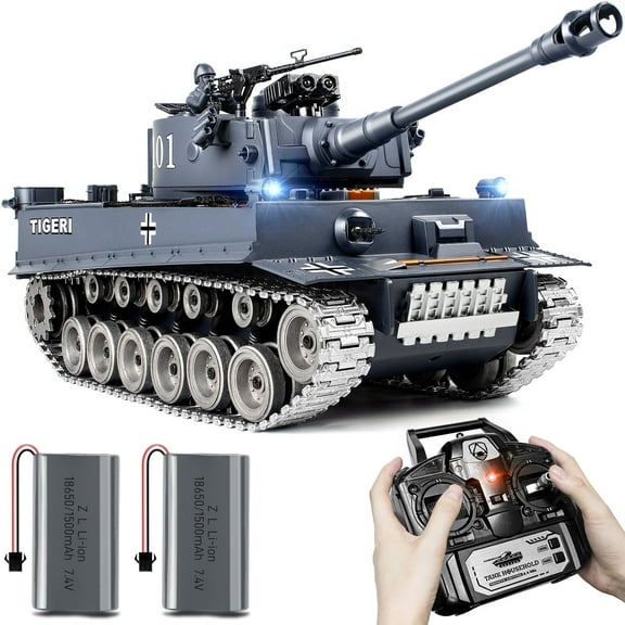 Upgraded Supdex 1:18 Scale Remote Control Tiger Military Tank 330 Rotating Turret, Smoke, Light & Sound Effects, Rechargeable, Climbing 40 Ramp, Great Gift for Kids Ages 6+