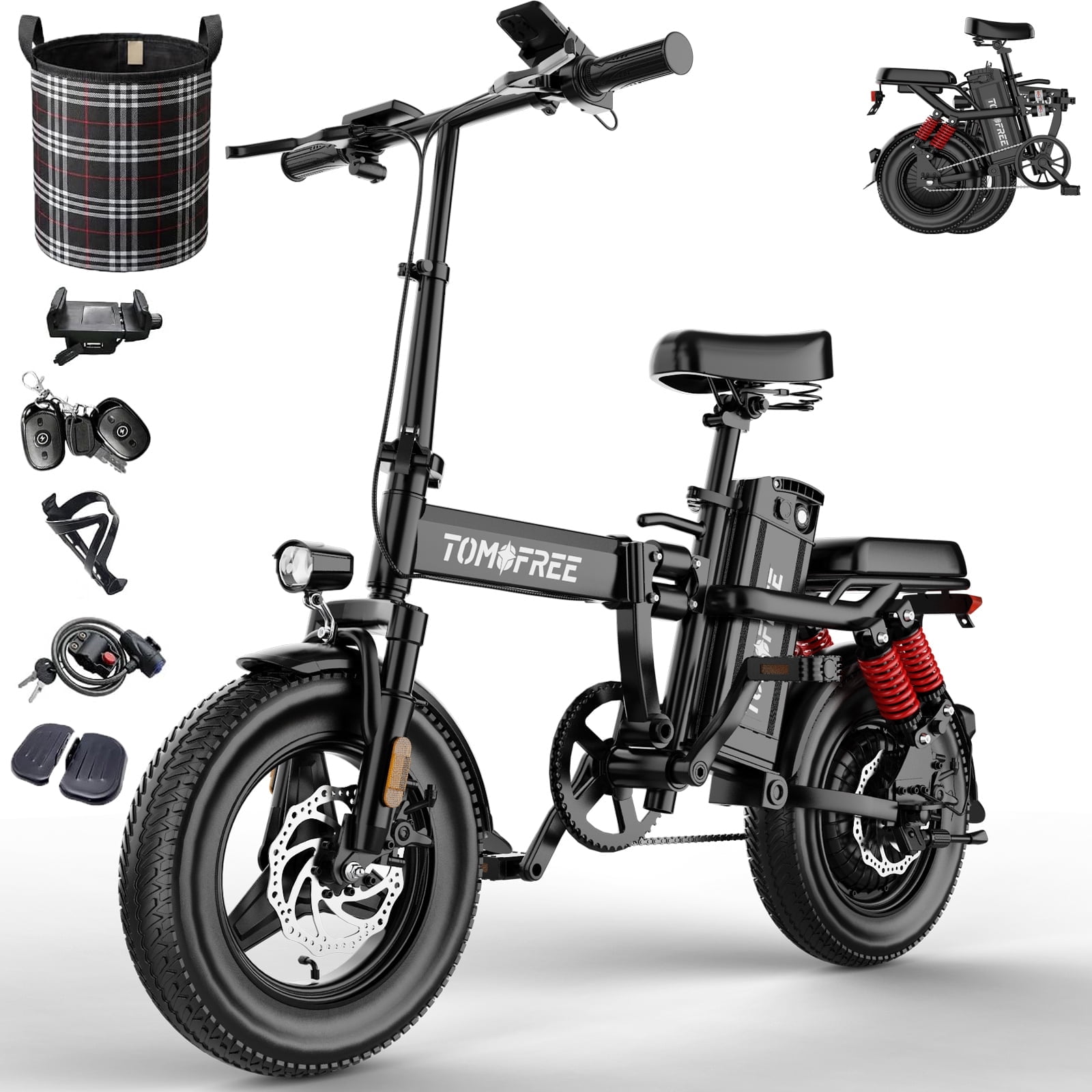 Upgraded P1PRO 14" Folding Electric Bike for Adult, Max 75 Miles 24MPH Electric Bicycle, 48V 22.5Ah Removable Battery, PAS Control, E-Bike for Adults Teens, Front Suspension