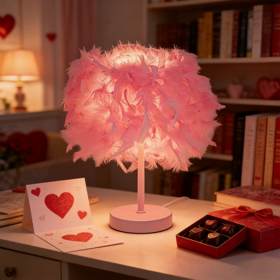 Upgraded Table Lamp Valentine Feather Table Lamp – Pink Valentine's Day Decorations
