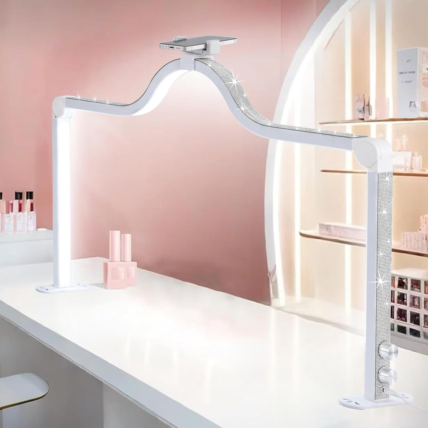 Upgraded  Tech Lamp for Desk, 34 in Foldable Large  Light with Phone Holder, 3 Modes 3000K-6000K  Manicure Lamp, Half Moon Light for Lash Eyelash Extension, , Eyebrows