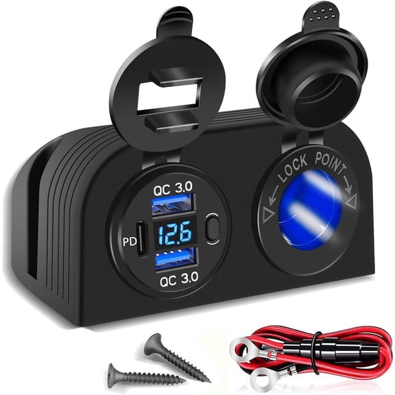 [Upgraded] Tent Type Panel 12V USB Outlet, Quick Charge PD3.0& Dual USB 3.0 Car Charger with LED Voltmeter & Switch+12V/24V Cigarette Lighter Socket for Car Motorcycle Boat Marine ATV RV
