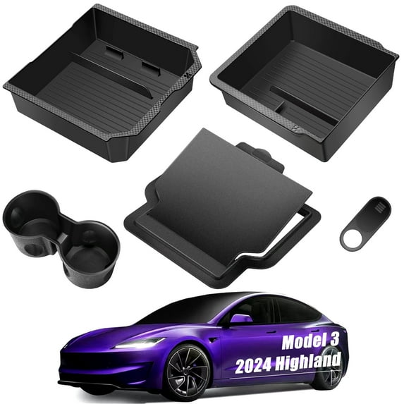 Upgraded Tesla Model 3 Accessories 2025-2024 Highland Center Console Organizer Tray 5PCS for Tesla Model Y Juniper 2025, Hidden Storage Box, Cup Holder & Armrest Drawer Organizer