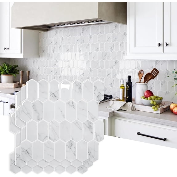 Upgraded Thicker Design Backsplash Tile Peel and Stick, 10-Sheet Grey Marble Long Hexagon Self Adhesive Wall Tiles Stick On Backsplash for Kitchen Bathroom RV Fireplace