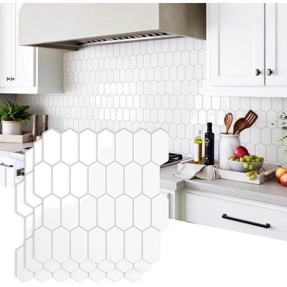Upgraded Thicker Design Peel and Stick Backsplash , 10-Sheet Pure White with Gray Grout Long Hexagon Self Adhesive Wall s Stick  Backsplash for Kitchen Bathroom RV Fireplace