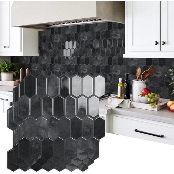 Upgraded Thicker Design Peel and Stick Backsplash , 10-Sheet Shiny Black with Dark Grey Grout Long Hexagon Self Adhesive Wall s Stick  Backsplash for Kitchen Bathroom RV Fireplace