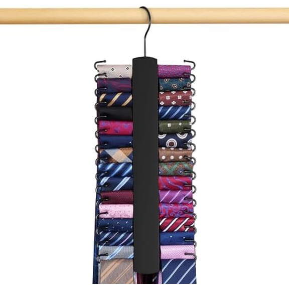 Upgraded Tie Rack Hanger for Closet with 30 Metal Hooks, Space Saving Necktie Organizer for Men, Sturdy Wooden Large Capacity Tie Holder, Closet Organizers and Storage, Black