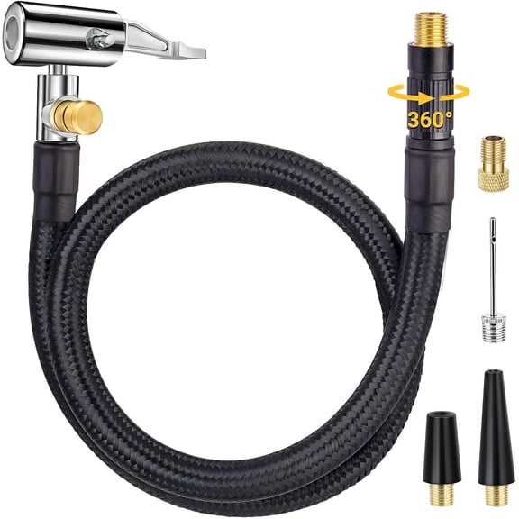 Upgraded Tire Inflator Hose Adapter w/360 Rotating End,21'' Tire Inflation Hose w/Self-Locking Air Chuck for Quick Connect & Release, Presta Valve & Ball Needle for Tire Pump Portable Air Compressor