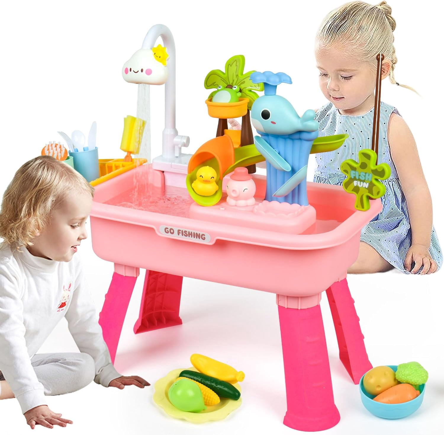 Upgraded Toddler Sand Water Table Toy with Electric Water Pump, Kids Sand Water with Faucet/Play Food Accessories/Fishing Toy, Kitchen Play Sink Toys for Girl Boy Age 3+