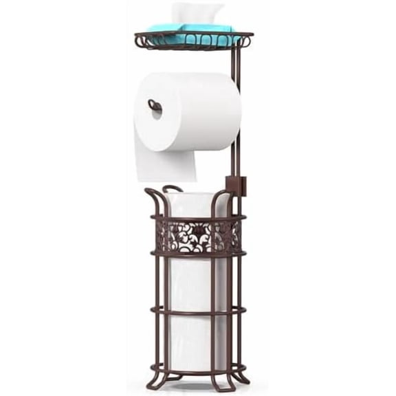 Upgraded Toilet Paper Holder Stand for Bathroom, Holds 3 Big Rolls of Jumbo Mega Paper, Top Shelf for Wipes Tissue, Sturdy Freestanding Paper Roll Dispenser, Floral Pattern, Bronze Red