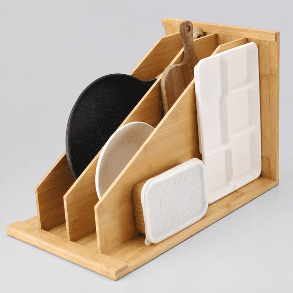 Upgraded Tray Dividers for Cabinets with 3 Slots, Wooden Pan Organizer Rack for Cabinet, Bakeware Organizer for Cutting Boards Lids Cookie Sheets, Pot Pan Storage Rack for Countertop or Cupboard