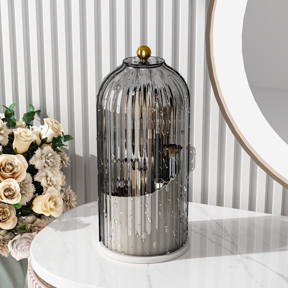 Upgraded Trendy Makeup Brush Organizer with Lid, 360 Rotating Cosmetic Organizer with 3 Compartments, Convenient Sliding Door,Waterproof Dustproof Beauty Brushes Storage Container for Vanity Table
