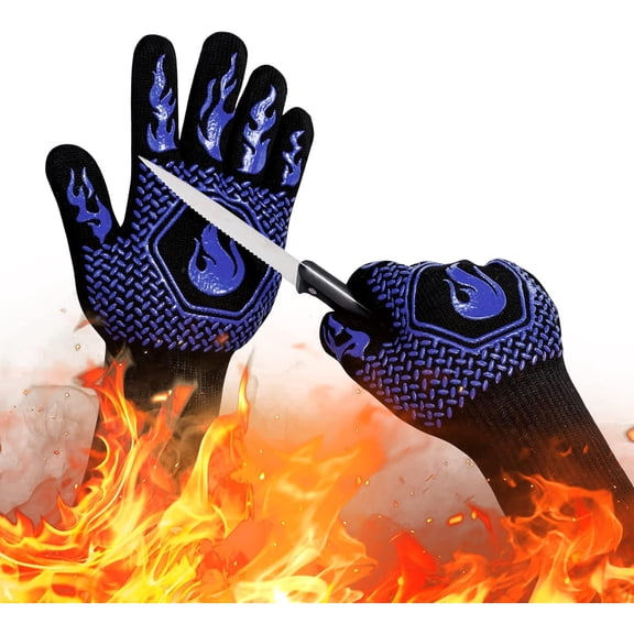 Upgraded Triple-Layer BBQ Gloves Heat Resistant for Grill & Oven, Cut-Resistant and Non-Slip Kitchen Cooking Gloves for Barbecue, Frying, Baking