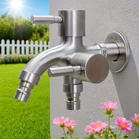 Upgraded Two Control Water Tap 1 In 2 Out Double Outlets Faucet Heavy 304 Stainless Steel Garden Outdoor Balcony Bathroom Laundry Faucet With Two Separate Switches P