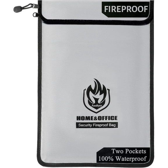 Upgraded Two Pockets Fireproof Document Bag (2000℉), General 15”x 11”Waterproof Fireproof Money Bag for Cash with Zipper, Important Document Storage Organizer for Valuables, Legal Documents Safe