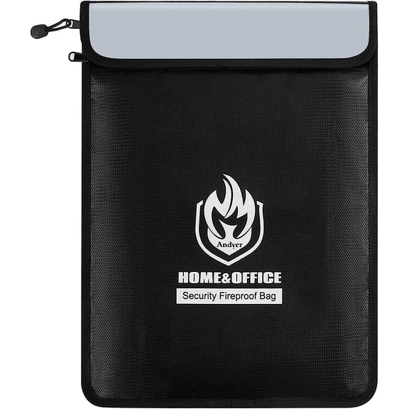 Upgraded Two Pockets Fireproof Document Bag (2000℉), General 15”x 11”Waterproof Fireproof Money Bag with Zipper, Waterproof Holder Pouch Fire Safe Envelope for Valuables, Legal Documents (Jet Black)